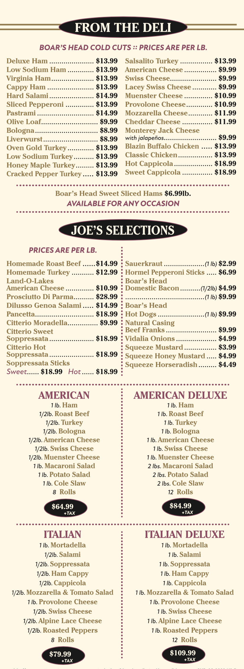 Menu Joe's Gourmet Meats Deli Lindenhurst, NY